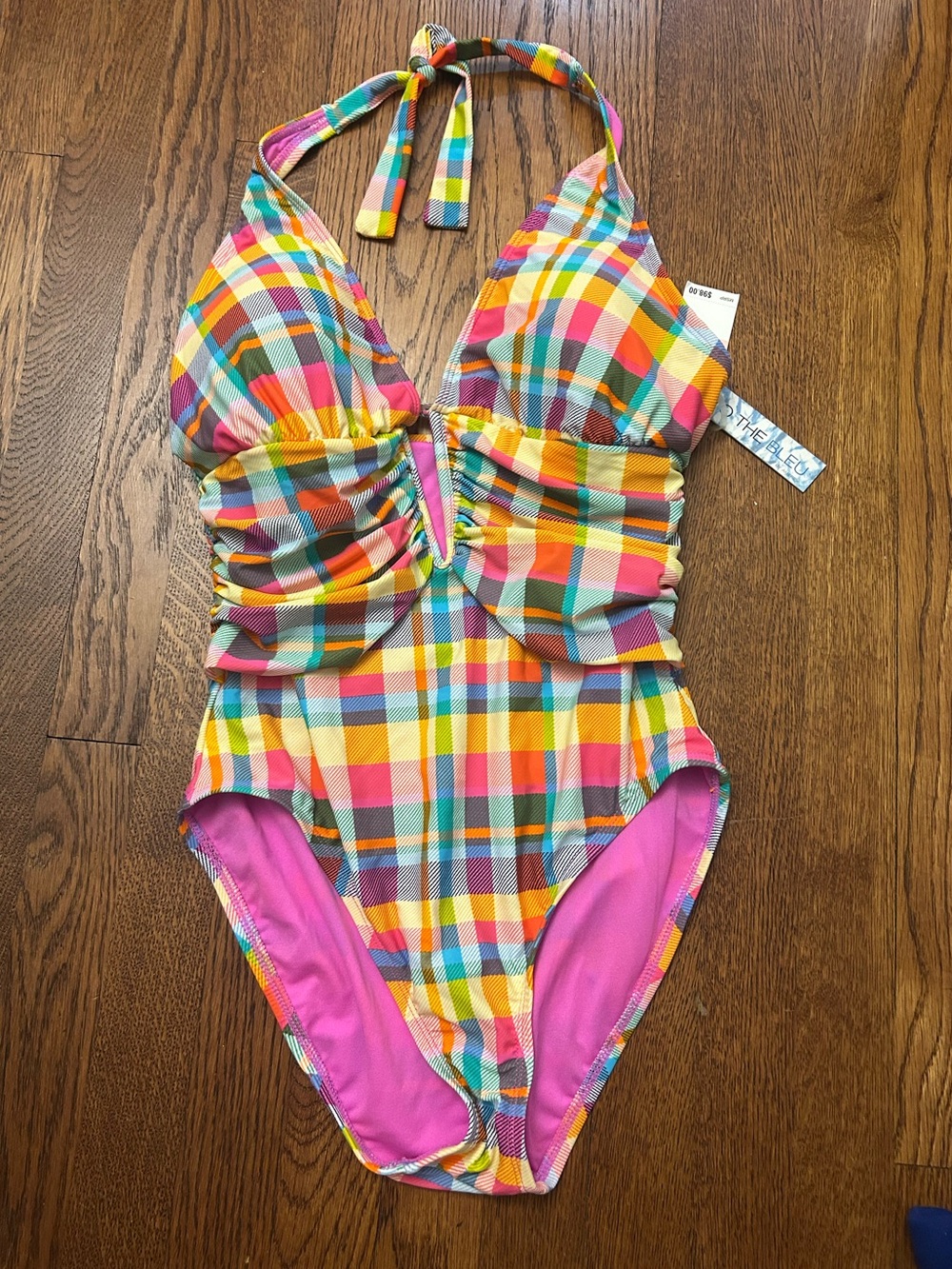 Sexy Multicolor Plaid Halter One-Piece Swimsuit - Pink Lining